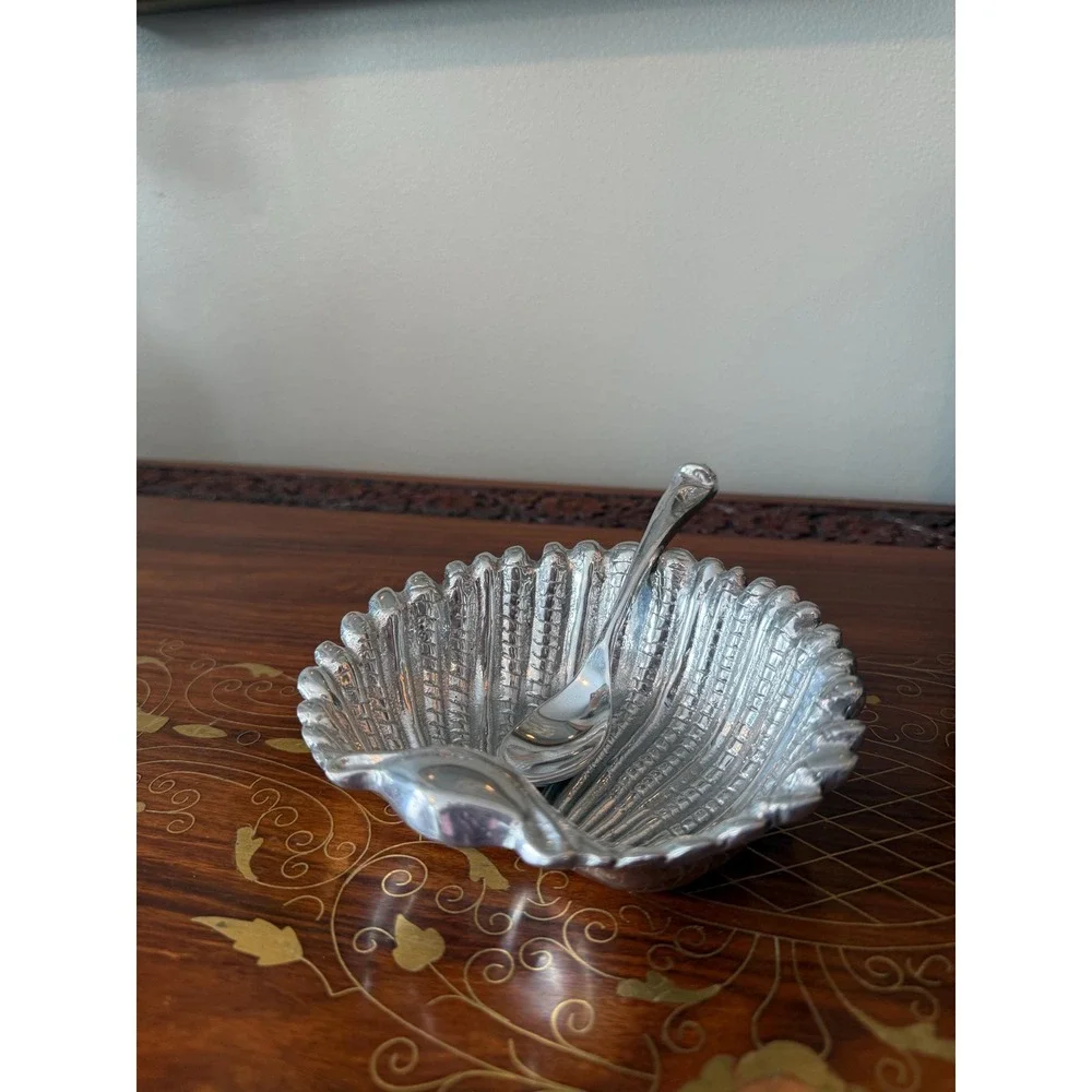 Vintage Shell Dish with‎ Spoon, Hand Cast Metal Scallop Bowl